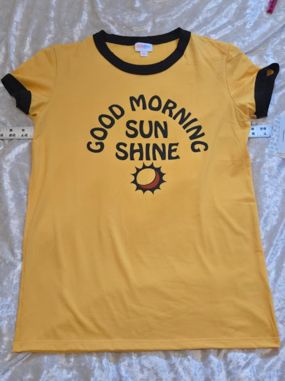 LuLaRoe Graphic Tee XS Yellow Good Morning Sunshine Ringer Shirt NWT